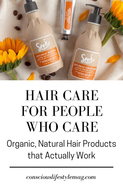 A top-down, organic-themed product photography ad for hair shampoo and conditioner, emphasizing natural ingredients and a conscious consumer approach.