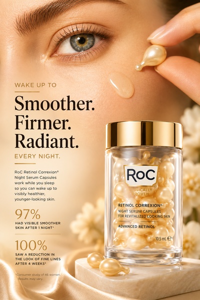 retinol serum, serum capsules, night serum, face serum, skincare capsules, bestseller push, editorial, lifestyle, luxurious, trustworthy, neutral, gold