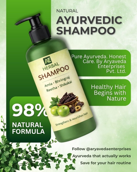This static 4:5 ad creative focuses on a bold natural claim for an Ayurvedic shampoo, using clear benefit-led text overlays and product-centric visuals.