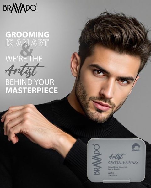 A high-end grooming advertisement featuring a clean, minimalist portrait of a man with styled hair alongside the product packaging, highlighting a brand-led artistic narrative.