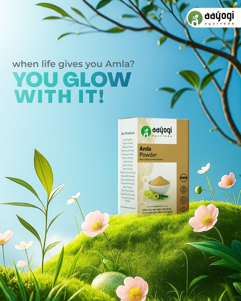 This creative showcases Amla Powder placed in a vibrant, sunlit natural landscape with clear, punchy typography that emphasizes the product benefits.