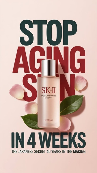 facial treatment essence, face serum, skincare essence, anti aging essence, face toner, bestseller push, minimalist, editorial, bold, luxurious, neutral, red