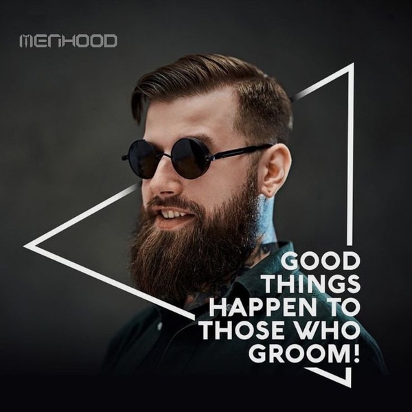 A high-contrast 1:1 image featuring a stylishly groomed man with a triangular geometric frame and concise brand messaging.