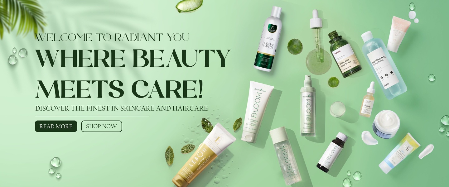 facial cleanser, hair serum, face toner, face moisturizer, hair oil, skincare products, brand awareness, flat lay, minimalist, fresh, calm, green, neutral