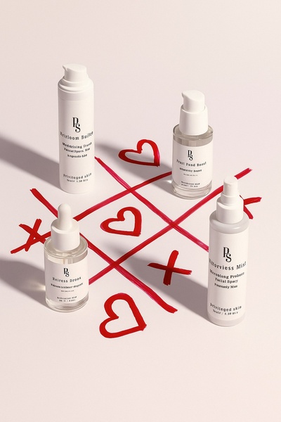 skincare bottles, face serum, facial mist, skincare products, beauty bottles, gift guide, minimalist, flat lay, playful, fresh, neutral, pink, valentine's day
