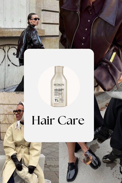 A high-fashion collage featuring four lifestyle images surrounding a centered, clean product shot of a Redken bonding shampoo.