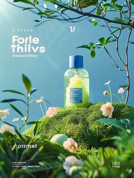 A high-quality product shot of a translucent skin care bottle featuring a cream dispenser, placed on a moss-covered rock in a sunlit natural environment.