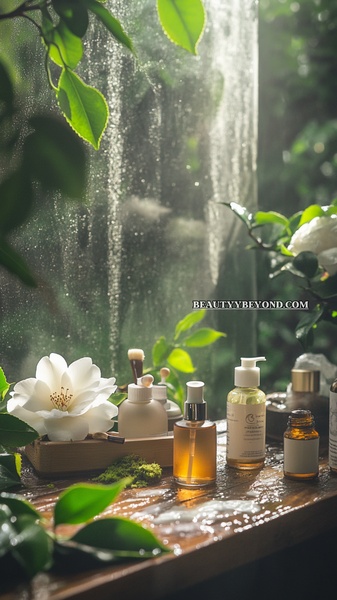 face serum, skincare bottles, beauty products, cosmetic serum, oil bottle, brand awareness, lifestyle, editorial, calm, fresh, green, neutral