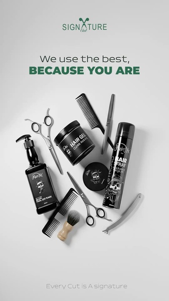 A high-angle flat lay featuring a complete set of professional barber tools, including hair gels, sprays, combs, scissors, and a razor on a clean white background.