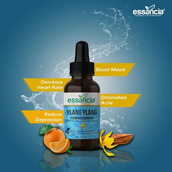 A 1:1 square ad creative highlighting the key health and therapeutic benefits of Ylang Ylang essential oil using a clean, product-centric layout.