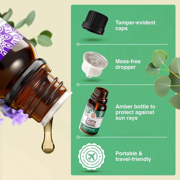 essential oil, aromatherapy oil, eucalyptus oil, natural fragrance oil, oil dropper bottle, product demo, lifestyle, minimalist, fresh, trustworthy, green, neutral