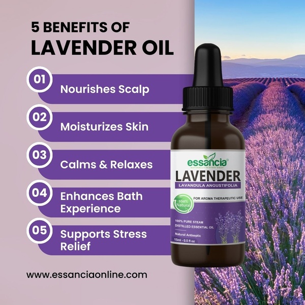 A structured 1:1 educational graphic for lavender oil that lists five distinct consumer benefits alongside a product image.
