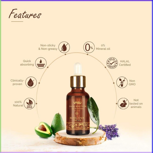 facial oil, beauty oil, face serum, skincare oil, kumkumadi oil, product demo, minimalist, trustworthy, fresh, neutral, brown