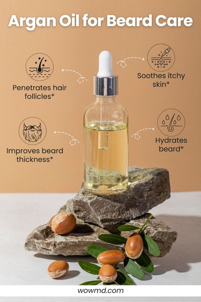 A clean, studio-lit educational ad displaying Argan Oil surrounded by natural ingredients with callout points highlighting specific product benefits.