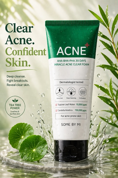 acne face wash, cleansing foam, acne cleanser, facial cleanser, skincare foam, product demo, lifestyle, fresh, trustworthy, green, neutral
