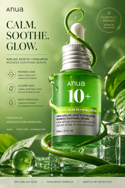 face serum, soothing serum, skincare serum, redness relief serum, azelaic acid serum, facial treatment, product demo, minimalist, editorial, fresh, trustworthy, green, neutral