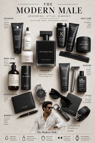 mens skincare, mens cologne, hair styling products, body wash, shaving cream, mens grooming essentials, gift guide, brand awareness, minimalist, flat lay, luxurious, trustworthy, neutral, black