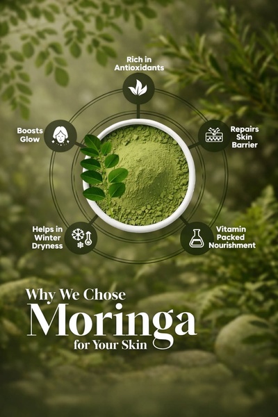 moringa powder, skin care powder, herbal skin treatment, moringa skincare, organic face powder, product demo, lifestyle, minimalist, fresh, trustworthy, green, neutral