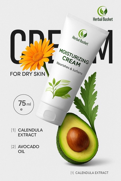 This ad features a tube of herbal moisturizing cream floating alongside a fresh avocado and a bright orange calendula flower, emphasizing natural ingredients for dry skin.