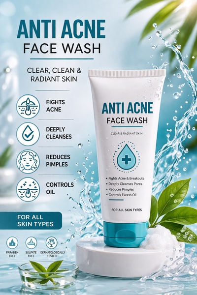 face wash, acne cleanser, facial cleanser, acne face wash, skincare cleanser, product demo, minimalist, lifestyle, fresh, trustworthy, blue, neutral