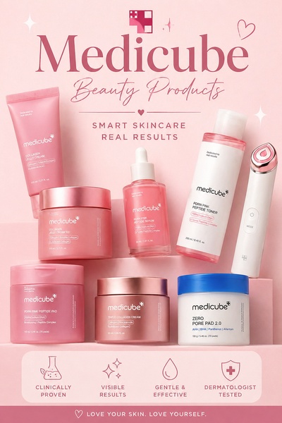 skincare set, face cream, face serum, toner, skincare device, facial pads, bestseller push, brand awareness, minimalist, editorial, fresh, trustworthy, pink, neutral