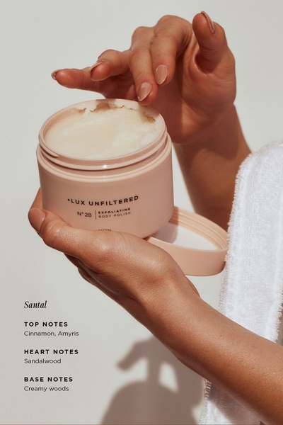 body polish, exfoliating scrub, body scrub, skincare product, exfoliator, product demo, lifestyle, minimalist, calm, luxurious, neutral, pastel
