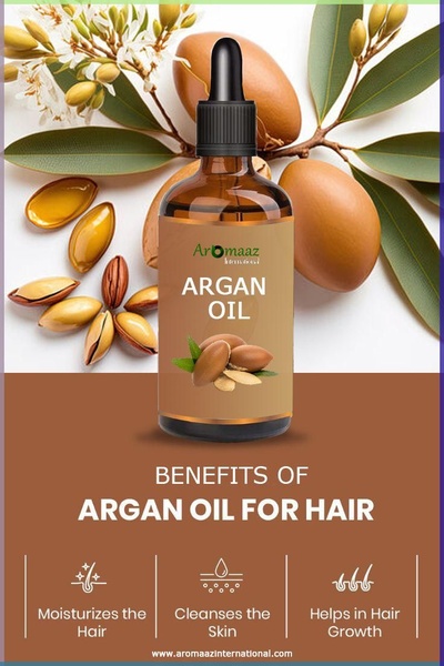 A clean, high-contrast product-centric layout highlighting three key benefits of Argan Oil for hair and skin.