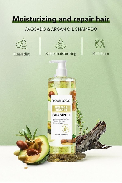 A high-clarity product ad featuring avocado and argan oil, using clean icons to highlight functional hair care benefits.