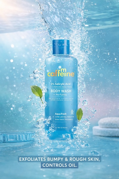 body wash, liquid soap, shower gel, exfoliating wash, skincare cleanser, product demo, minimalist, fresh, blue