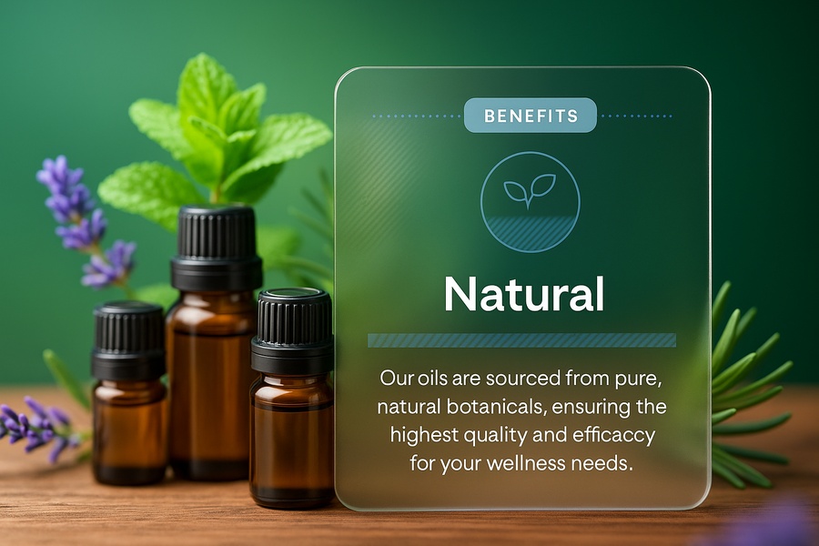 This ad creative uses a clean, frosted-glass overlay to clearly communicate product benefits next to natural essential oil bottles.