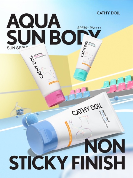 sunscreen serum, body sunscreen, sun protection, spf lotion, sun serum, product demo, lifestyle, modern typography, energetic, fresh, blue, yellow, pink
