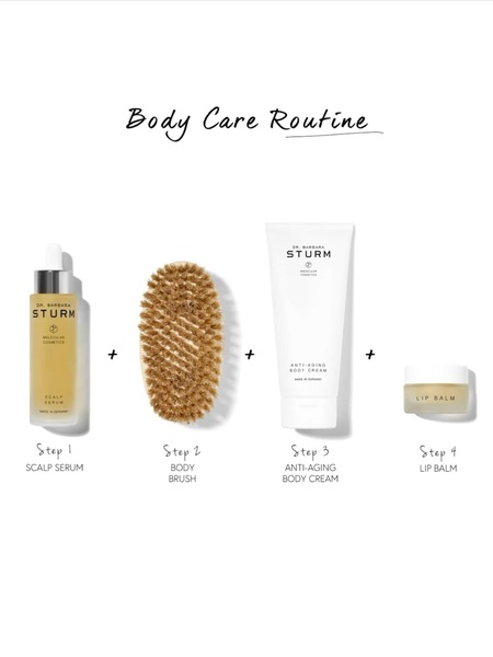 scalp serum, body brush, body cream, lip balm, skincare set, beauty routine, product demo, minimalist, flat lay, trustworthy, calm, neutral