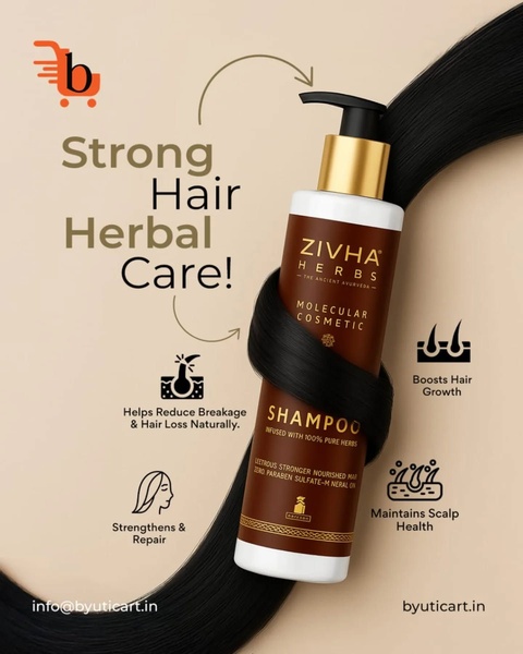 A clean, high-contrast product-centric advertisement featuring a shampoo bottle with descriptive benefit icons and clear visual branding.