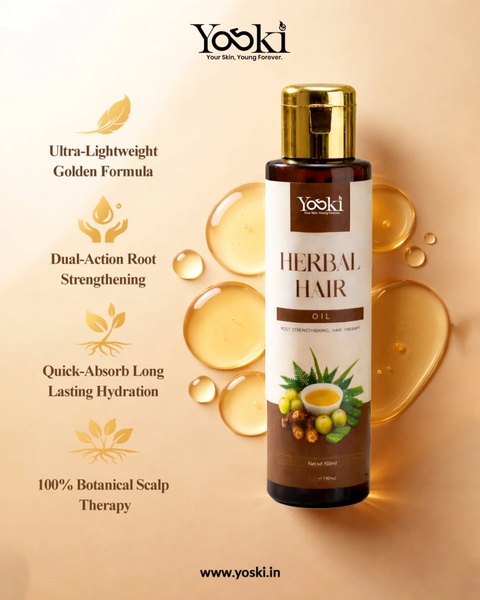 A clean, high-end beauty ad featuring a product bottle surrounded by liquid oil droplets, highlighting key herbal benefits with minimalist iconography.