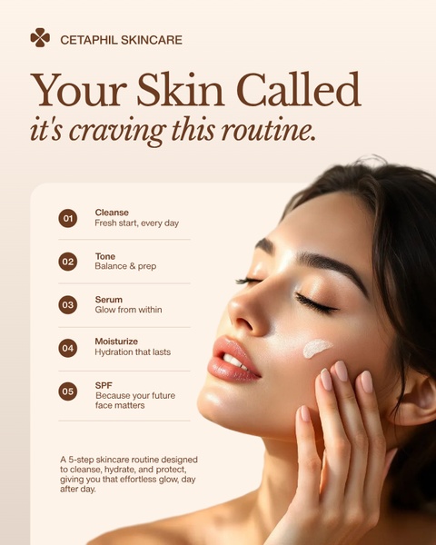 facial skincare, skincare routine, face serum, moisturizer, cleanser, sunscreen, brand awareness, lifestyle, editorial, calm, trustworthy, neutral