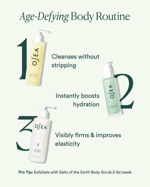 body wash, body serum, body balm, skincare set, body care, product demo, minimalist, trustworthy, calm, neutral, green