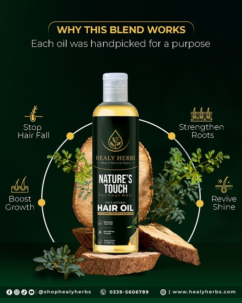 This creative utilizes a high-contrast product-centric layout to visually communicate four distinct hair health benefits surrounding the core oil bottle.