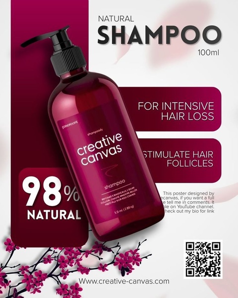 A high-contrast, minimalist promotional graphic for natural hair loss shampoo featuring key benefit callouts and a QR code CTA.