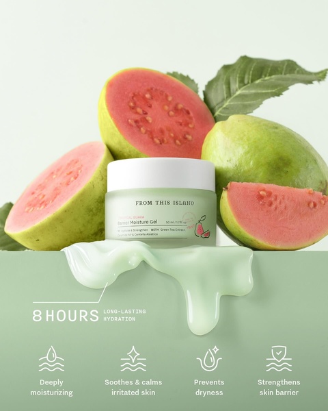 This creative showcases a moisture gel product with fresh guava elements and clear, icon-driven benefit callouts, emphasizing long-lasting hydration.