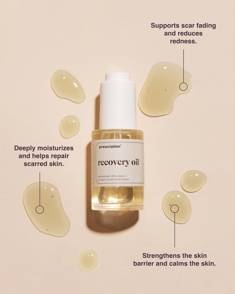 facial oil, recovery oil, skincare oil, vitamin e oil, moisturizing oil, product demo, minimalist, flat lay, trustworthy, calm, neutral