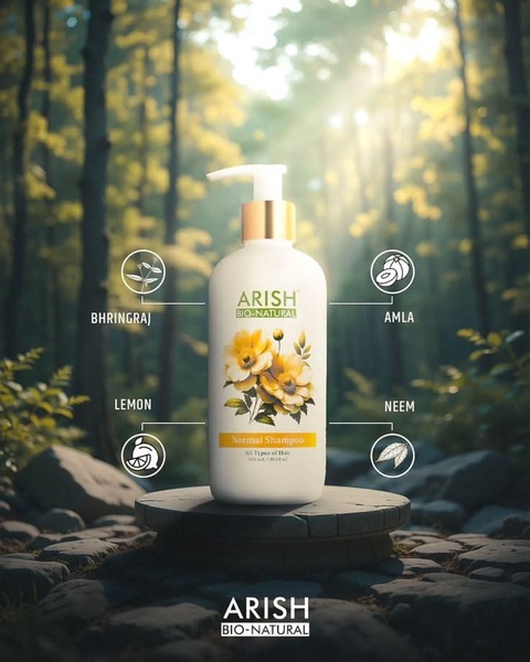 A high-quality product shot of a natural shampoo bottle featuring clear callouts for Bhringraj, Amla, Lemon, and Neem in a forest setting.