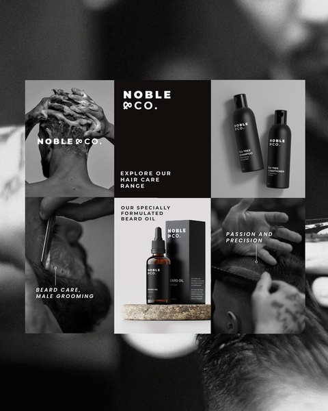 This ad creative uses a high-contrast black and white grid layout to present multiple grooming products, emphasizing brand authority and professionalism.