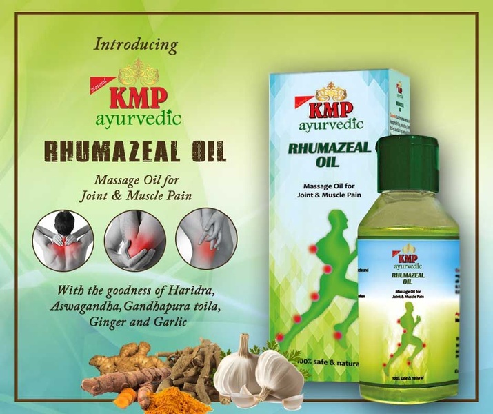 A 5:4 ratio product spotlight ad that pairs anatomical pain diagrams with the natural raw ingredients used in the formulation of the massage oil.