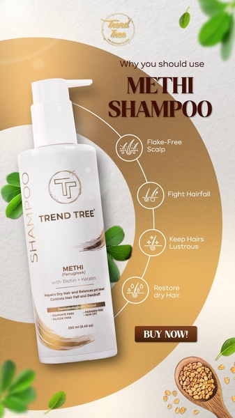 This static vertical ad uses a clean, benefit-focused design to clearly communicate four key hair-care advantages of the featured Methi product.