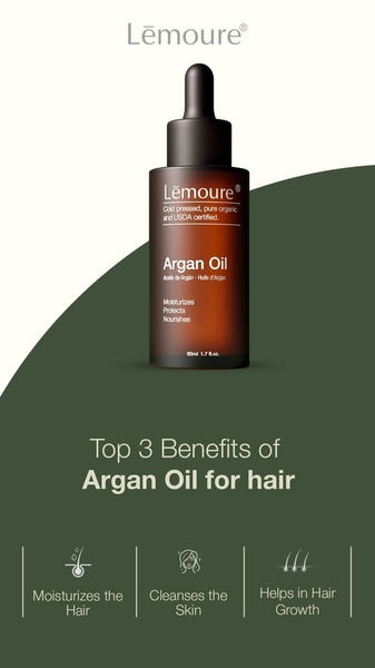 A clean, educational vertical ad for Argan Oil that uses a minimalist design to highlight key product benefits.
