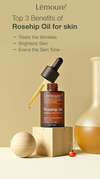 rosehip oil, facial oil, skincare serum, organic face oil, skin treatment oil, product demo, minimalist, trustworthy, calm, neutral, brown