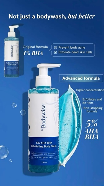 body wash, exfoliating wash, salicylic acid wash, liquid body cleanser, skincare cleanser, comparison, minimalist, trustworthy, fresh, blue, neutral