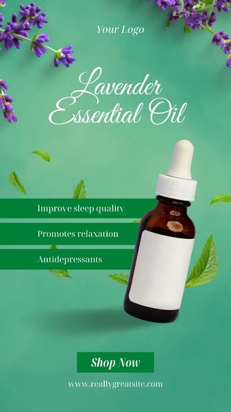 This vertical ad uses a clean, product-centric layout to list core benefits of lavender oil against a soothing, nature-inspired green background.