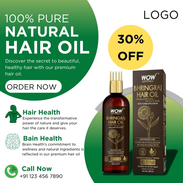 A high-conversion 1:1 square ad for Bhringraj Hair Oil, highlighting natural ingredients and a clear percentage-based discount.