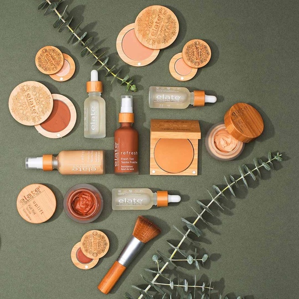makeup set, foundation bottle, makeup brush, face powder compact, cream blush, beauty products, bestseller push, flat lay, minimalist, calm, fresh, green, neutral, brown